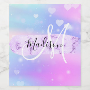Girly Colourful Unicorn Rainbow Hearts Monogram Wine Label