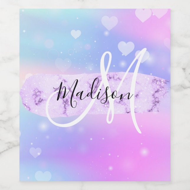 Girly Colourful Unicorn Rainbow Hearts Monogram Wine Label (Single Label)