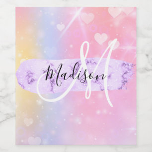 Girly Colourful Unicorn Rainbow Hearts Monogram Wine Label