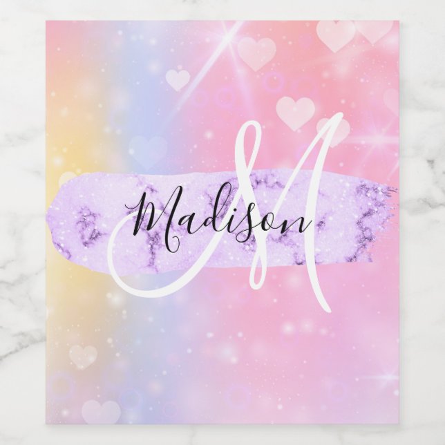 Girly Colourful Unicorn Rainbow Hearts Monogram Wine Label (Single Label)