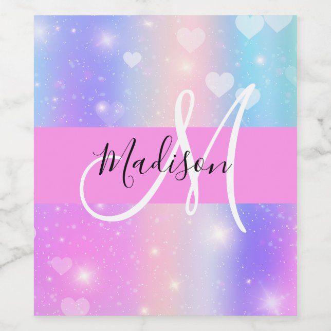 Girly Colourful Unicorn Rainbow Hearts Monogram Wine Label (Single Label)