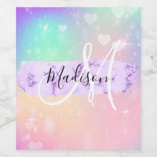 Girly Colourful Unicorn Rainbow Hearts Monogram Wine Label