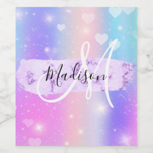 Girly Colourful Unicorn Rainbow Hearts Monogram Wine Label