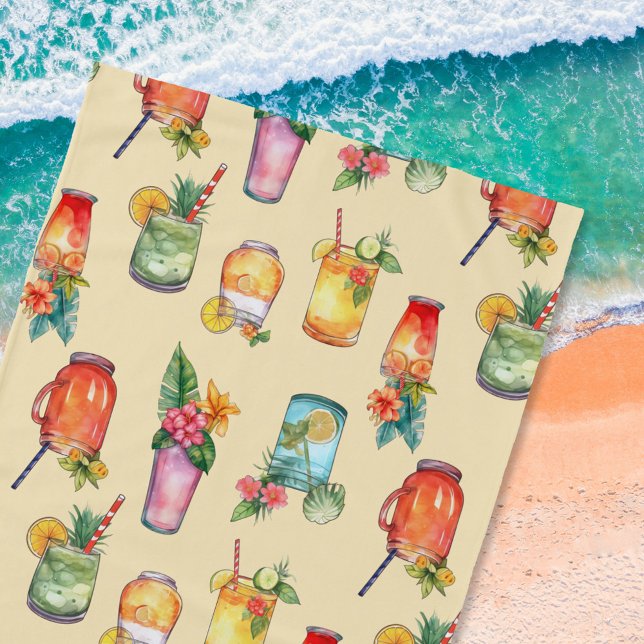 Girly Colourful Watercolor Cocktail Pattern Beach Towel (Creator Uploaded)