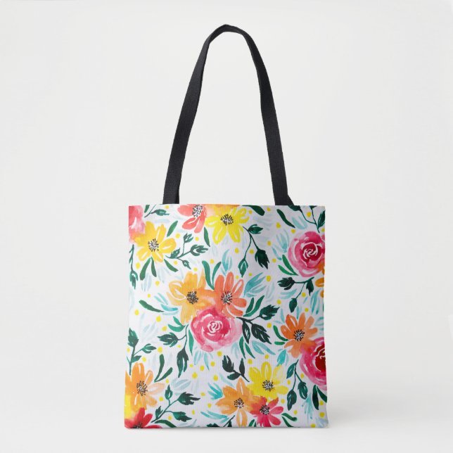 Girly Colourful Watercolor Floral Pattern Tote Bag (Front)