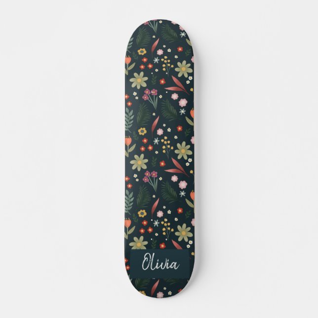 Girly & Cool Modern Navy Blue Botanical Flowers Skateboard (Front)