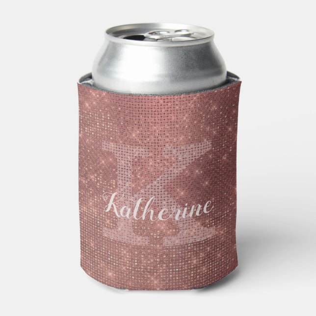 Girly Copper Diamond Sparkle Chic Monogram Name Can Cooler (Can Front)