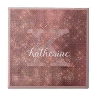 Girly Copper Diamond Sparkle Glam Monogram Name Tile