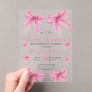Girly Coquette Bow Sweet 16 Birthday Blush Pink Acrylic Invitations