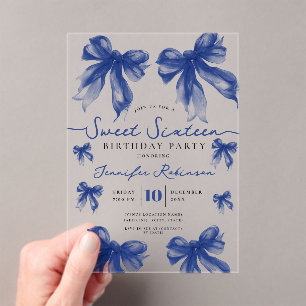 Girly Coquette Bow Sweet 16 Birthday Navy Blue Acrylic Invitations