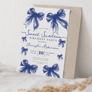 Girly Coquette Bow Sweet 16 Birthday Navy Blue Invitation