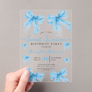 Girly Coquette Bow Sweet 16 Birthday Party Blue Acrylic Invitations
