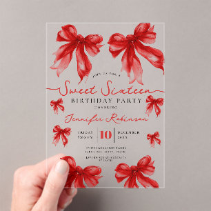 Girly Coquette Bow Sweet 16 Birthday Party Red Acrylic Invitations