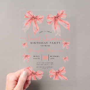 Girly Coquette Bow Sweet 16 Birthday Rose Gold Acrylic Invitations