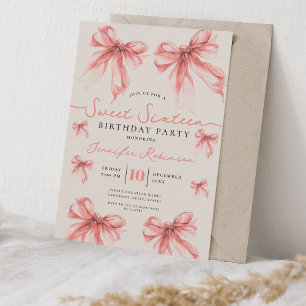 Girly Coquette Bow Sweet 16 Birthday Rose Gold Invitation