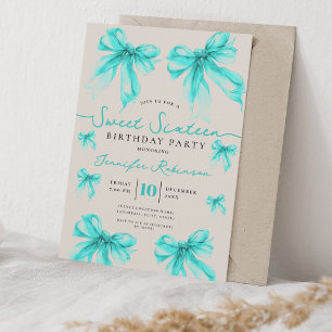 Girly Coquette Bow Sweet 16 Birthday Turquoise Invitation