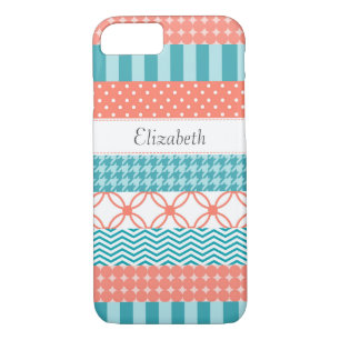 Girly Coral and Teal Washi Tape Pattern With Name iPhone 8/7 Case