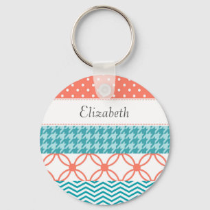 Girly Coral and Teal Washi Tape Pattern With Name Key Ring