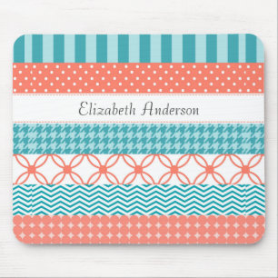 Girly Coral and Teal Washi Tape Pattern With Name Mouse Mat