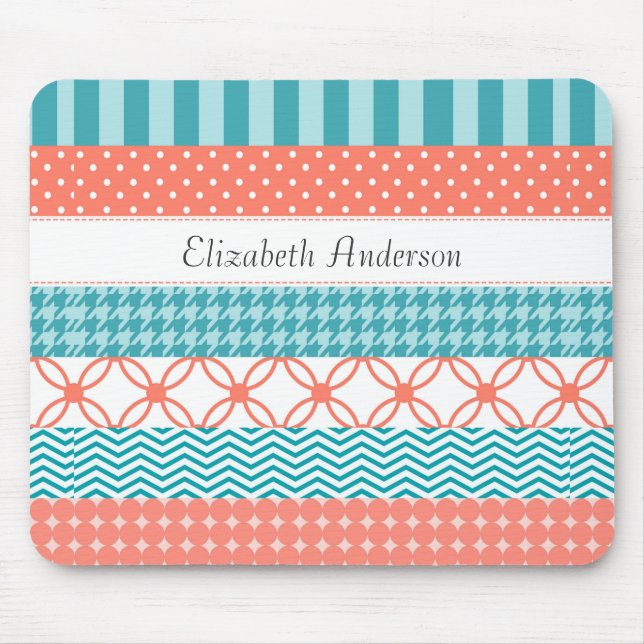 Girly Coral and Teal Washi Tape Pattern With Name Mouse Mat (Front)