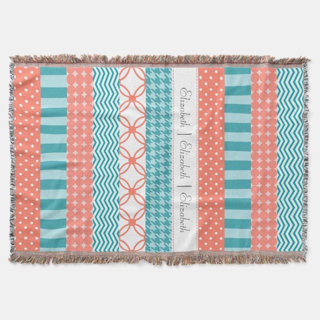 Girly Coral and Teal Washi Tape Pattern With Name Throw Blanket (Front)