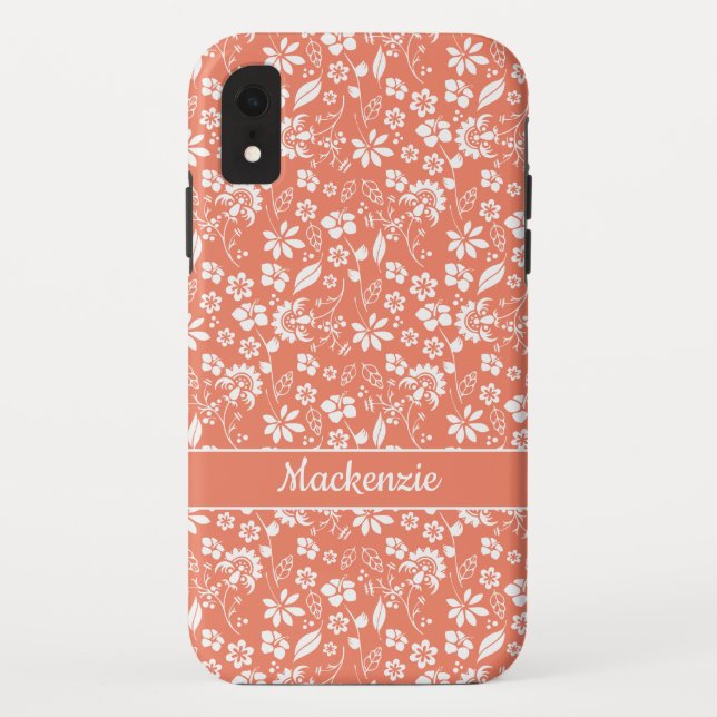 Girly Coral Peach Tropical Floral Pattern Case-Mate iPhone Case (Back)