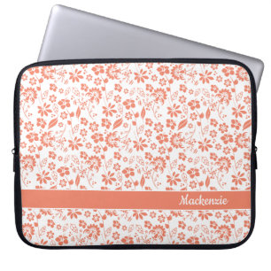 Girly Coral Peach Tropical Flowers Monogram Laptop Sleeve