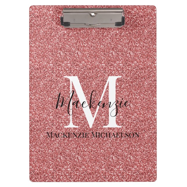 Girly Coral Red Glitter Monogram Name  Clipboard (Front)