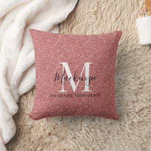 Girly Coral Red Glitter Monogram Name   Cushion