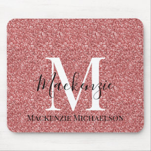 Girly Coral Red Glitter Monogram Name Mouse Mat