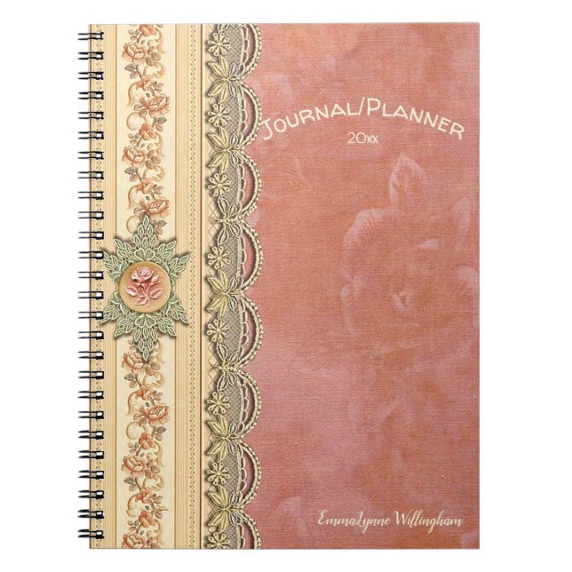 Girly Coral Rose Ivory Champagne Lace Your Name Notebook (Front)