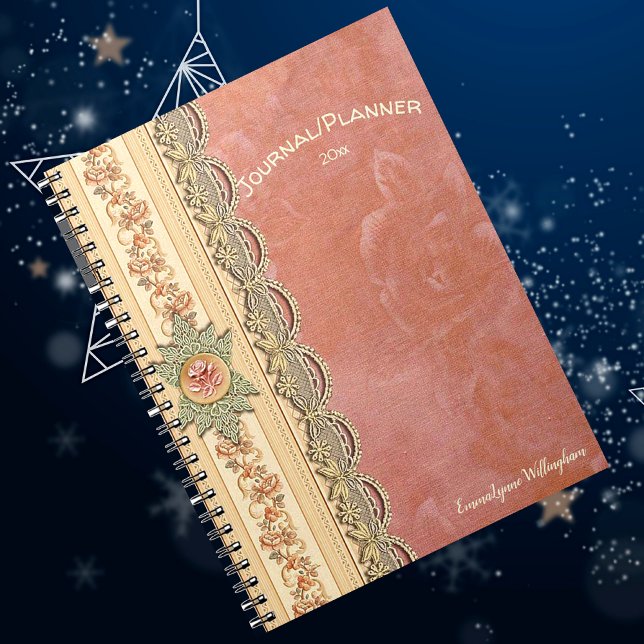 Girly Coral Rose Ivory Champagne Lace Your Name Notebook (Creator Uploaded)