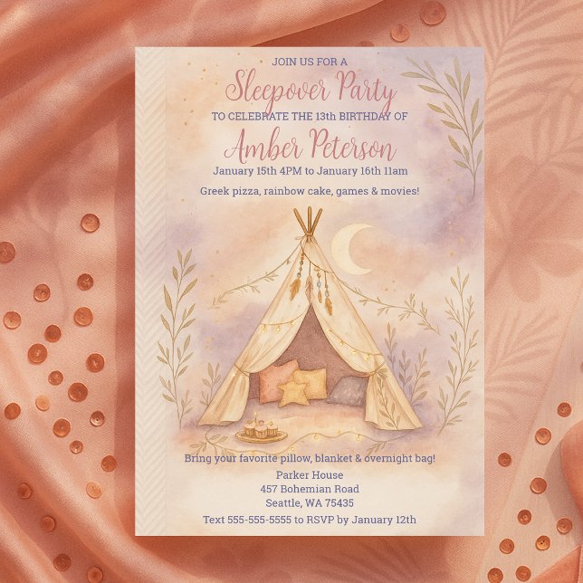 Girly Cosy Tent Moon and Stars Boho Birthday Party Invitation (Girly Cozy Tent Moon and Stars Boho Birthday Party Invitation)