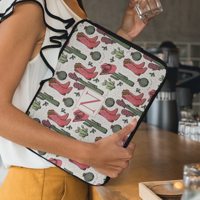 Girly Country Cowgirl Christmas Monogram Laptop Sleeve (Custom "Howdy Christmas" Country Xmas Cowgirl Boots, Hats, Mittens, Cactus. Hand-Drawn in Black Ink.)