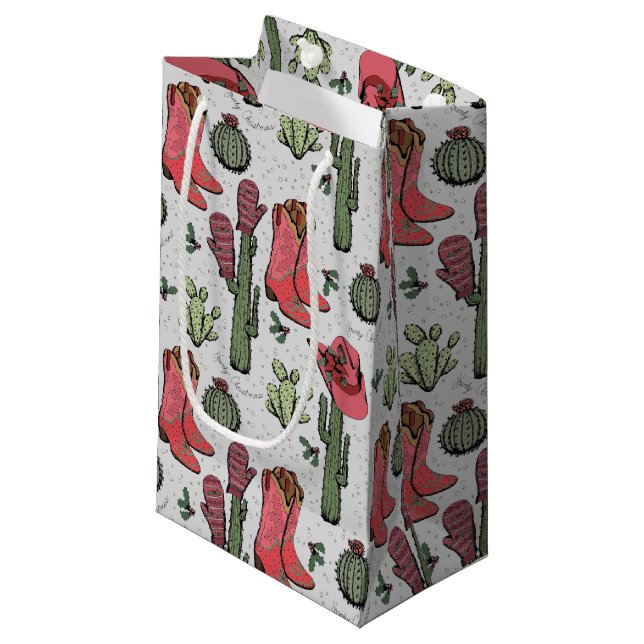 Girly Country Cowgirl Christmas Pink and Green Small Gift Bag (Front Angled)