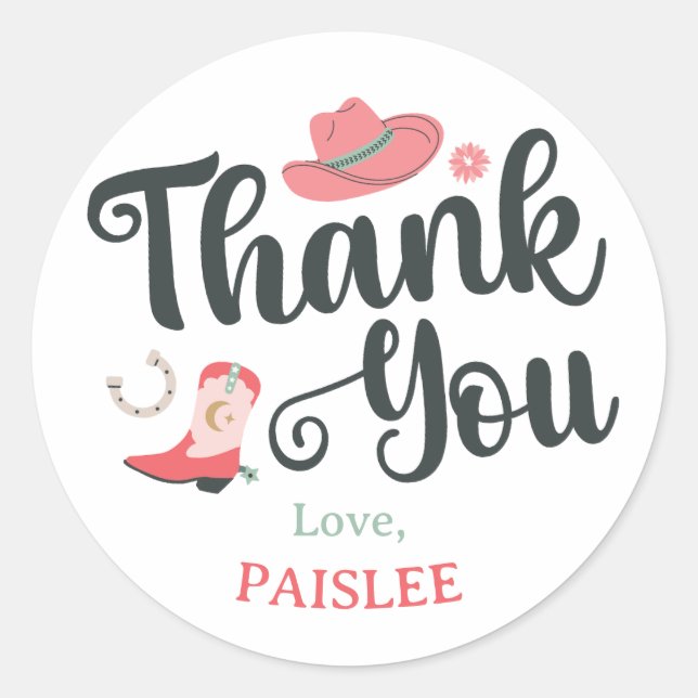 Girly Cowboy Thank You Classic Round Sticker (Front)