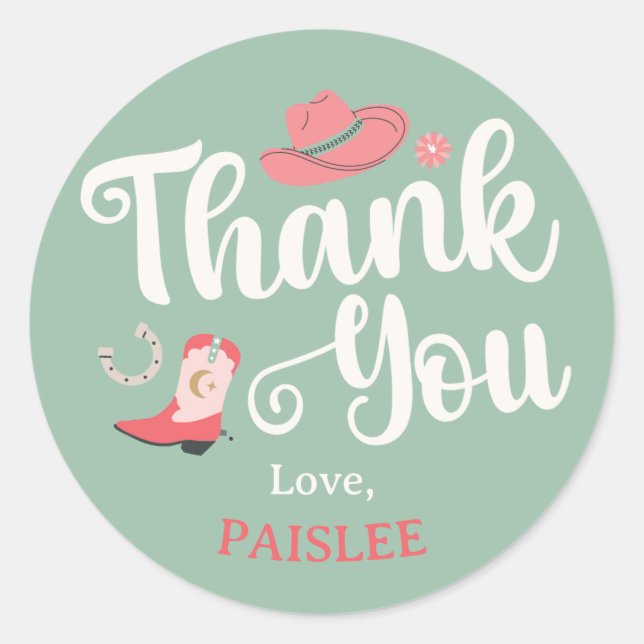 Girly Cowboy Thank You Classic Round Sticker (Front)