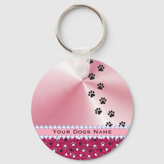 Girly Customised Dog Paw Print & Glitter Key Ring (Front)