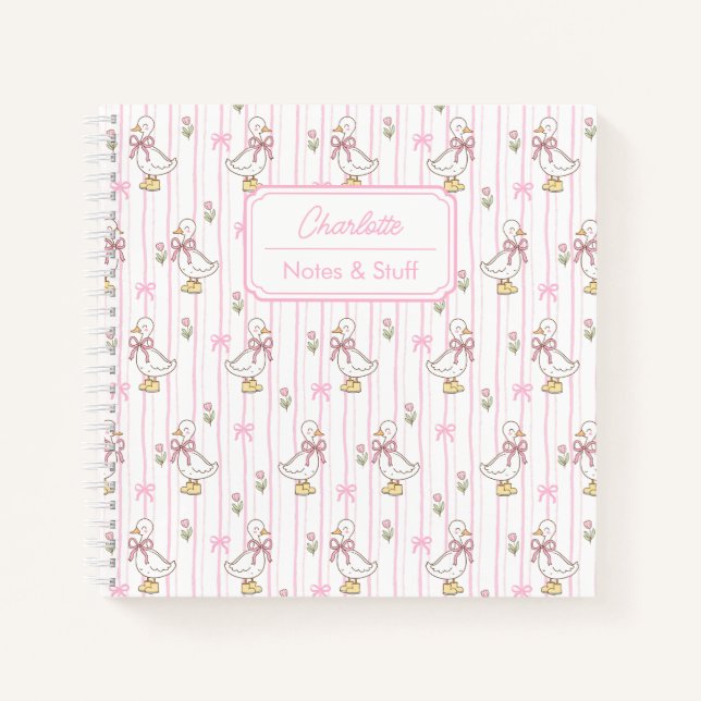 Girly Cute Coquette Goose with Pink Bow Custom  Notebook (Front)