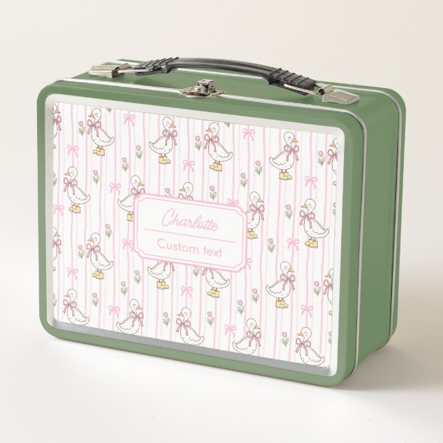 Girly Cute Coquette Goose with Pink Bow Monogram Metal Lunch Box (Front)