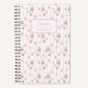 Girly Cute Coquette Goose with Pink Bow Monogram Notebook