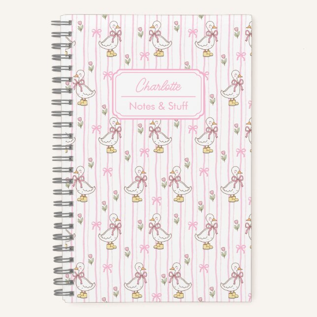 Girly Cute Coquette Goose with Pink Bow Monogram  Notebook (Front)
