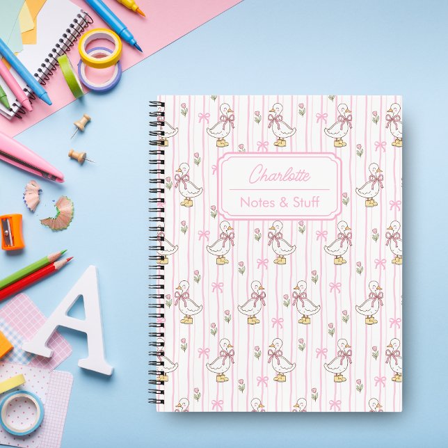 Girly Cute Coquette Goose with Pink Bow Monogram Notebook (Creator Uploaded)