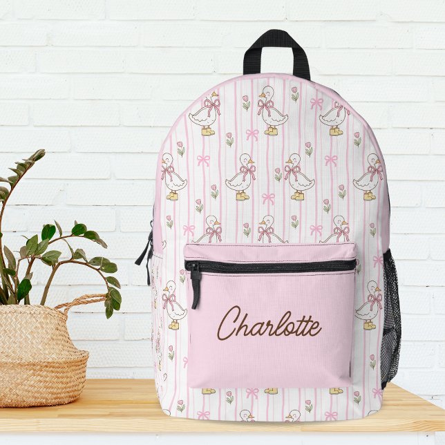 Girly Cute Coquette Goose with Pink Bow Monogram Printed Backpack (Creator Uploaded)