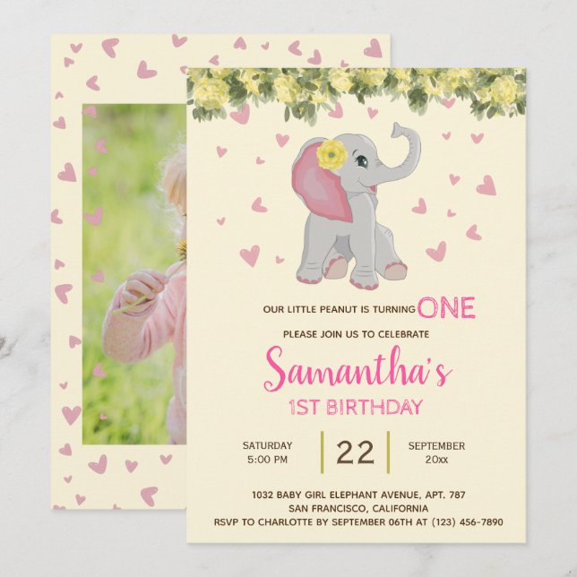 Girly Cute Elephant Watercolor Floral 1st Birthday Invitation (Front/Back)