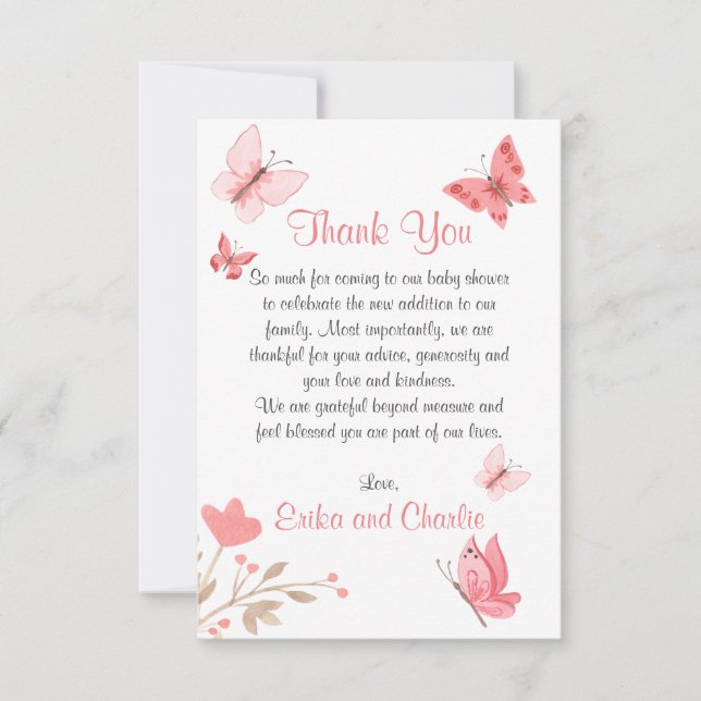 Girly Cute Floral Pink Butterflies Baby Shower Tha Thank You Card (Front)