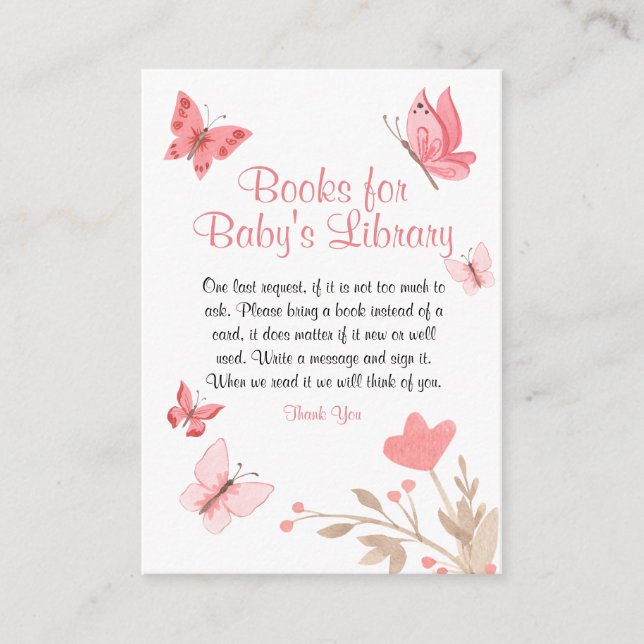Girly Cute Floral Pink Butterflies Books For Baby Enclosure Card (Front)