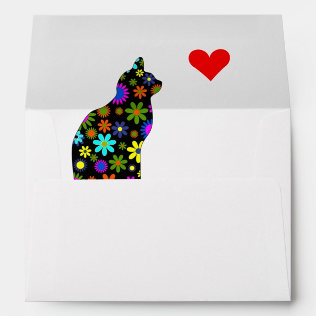 Girly Cute Floral Retro Cat Feline with Heart Envelope (Back (Bottom))