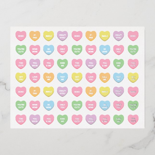 Girly cute fun custom conversation candy hearts foil holiday postcard (Front)
