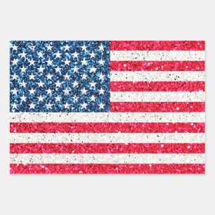 Girly Cute Fun Glitter Patriotic American USA Flag Wrapping Paper Sheet